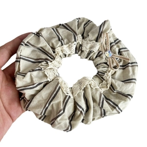 Vintage beige striped scrunchie with lace trim and elegant crystal ribbon bow