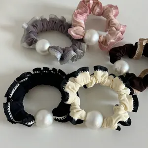 Vintage French Style Large Artificial Pearl Scrunchies Satin Fabric Pleated Lace Hair Ties Elegant Hair Accessories For Women Hair Rope