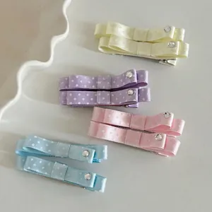 Vintage Polka Dot Bowknot Hair Clips With Rhinestone Sweet Satin Bow Hairpins For Girls Women Daily Hair Accessories