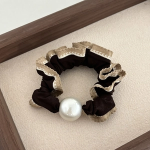 Retro lace hair scrunchie with large pearl detail in vintage brown and beige fabric