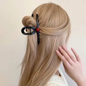 French Vintage Polka Dot Large Hair Claw Clip For Women Acrylic Shark Clip With Red Artificial Pearl Elegant Hair Accessories