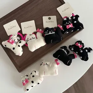 Cute Plush Cat Hair Clip With Bowknot Artificial Pearl Decor Cartoon Polka Dot Cat Hairpin For Women Girls Hair Accessories
