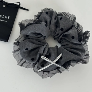 Grey polka dot mesh scrunchie with lace trim and silver bow accessory for women