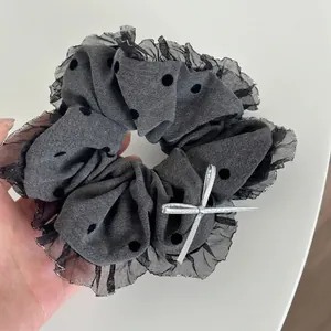 Fashion Grey Polka Dot Mesh Splicing Hair Scrunchie For Women Retro Sweet Bow Decor Large Fabric Elastic Hair Tie Band