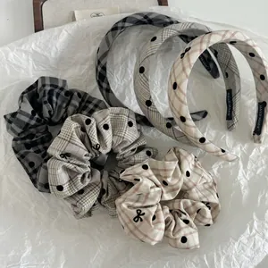 Polka dot and plaid headband with matching scrunchies set in vintage Korean style