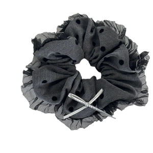 Grey polka dot mesh scrunchie with lace trim and silver metallic accent for women