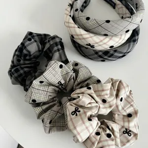 Vintage Plaid Polka Dot Fabric Scrunchie And Headband For Women Retro Bowknot Design Hair Tie Versatile Fashion Hair Accessories