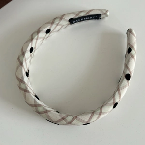 Vintage green and red plaid headband with black polka dots and handmade label