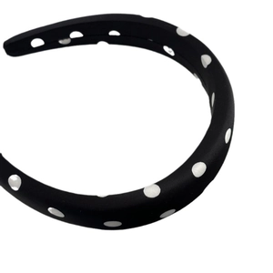 Classic French style black satin headband with white polka dots for a vintage aesthetic