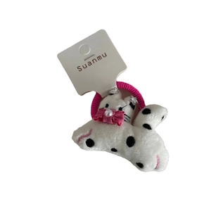 Cute white polka dot plush cat hair scrunchie with pink bow and pearl on card