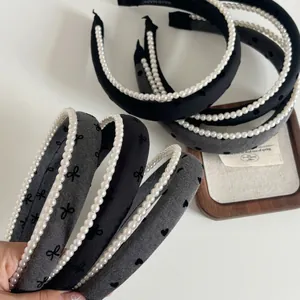 Elegant Double Layer Headband Artificial Pearl Fabric Hair Hoop Heart Bow Polka Dot Pattern Headwear For Women Daily Hair Accessories