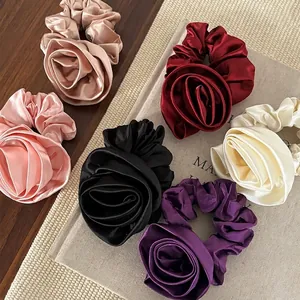 French Elegant Satin Rose Flower Scrunchies Large Fabric Hair Ties Handmade Floral Hair Rope Daily Hair Accessories For Women