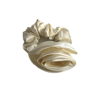French style off-white satin silk hair scrunchie with elegant pleated fabric texture