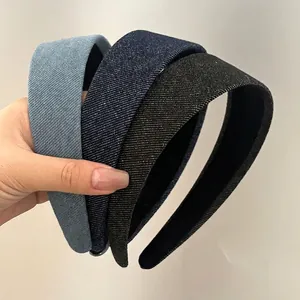 Vintage Denim Wide Headband Solid Color Retro Fashion Fabric Hair Hoop For Women Casual Daily Handmade Headwear Hair Accessories