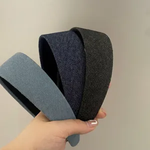 Vintage wide denim headbands for women in light blue, navy, and black cotton fabric