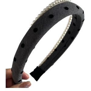 Grey double-layer headband with black polka dots and white faux pearls in retro style