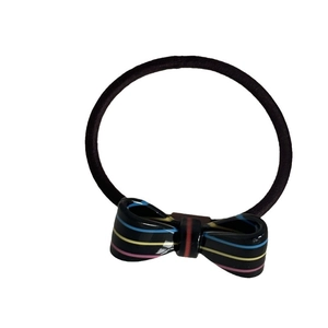 Sweet candy striped acetate bow hair tie with high elastic black rubber band for women