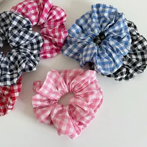 Sweet Plaid Gingham Fabric Scrunchies Artistic Hair Ties Large Hair Flowers For Women Bun Ponytail Elastic Hair Bands