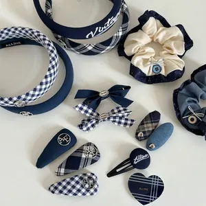 Navy Blue Checkered Bow Hair Clips Preppy Style Fabric Embroidered Headband Scrunchies Artificial Pearl Hair Accessories For Women