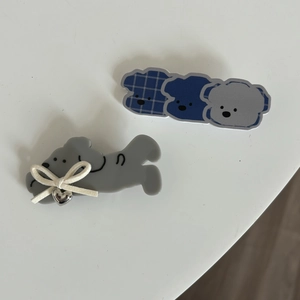 Blue plaid bear and grey puppy cartoon hair clips set for women hair accessories
