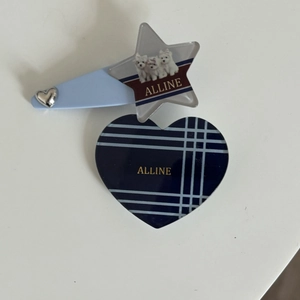 Blue plaid hair clip set with star and heart patterns featuring Alline dog design