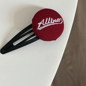 Blue plaid collection red knitted round fabric hair clip with white cursive embroidery