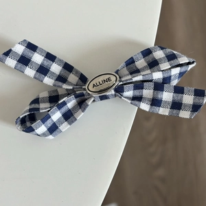 Detailed macro of blue Vichy checkered bow hair clip with oval silver metal logo plate