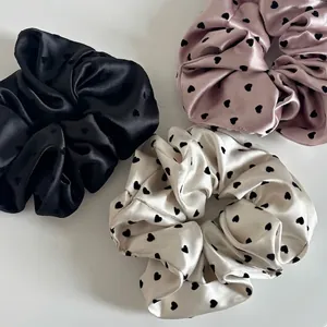 Elegant Heart Print Satin Scrunchies For Women High Elasticity Hair Ties Fashion Hair Rope Ponytail Holder Hair Accessories