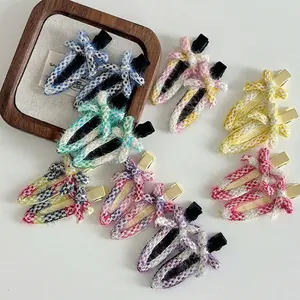 French Retro Tweed Bow Duckbill Hair Clips For Women Elegant Woven Plaid Seamless Side Fringe Clip Fashion Hair Accessories