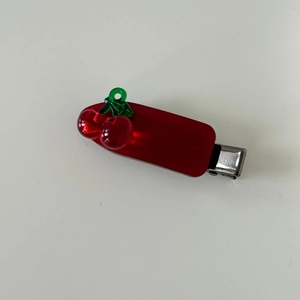 Translucent red cherry hair clip with silver metal duckbill base for women and girls