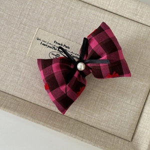 French style plaid bow hair clip with pink checkered fabric and pearl decoration