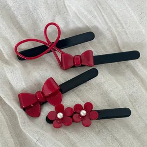 French Red Acetate Bow Floral Duckbill Hair Clips Elegant Minimalist Cute Duckbill Clips For Women Daily Hair Accessories