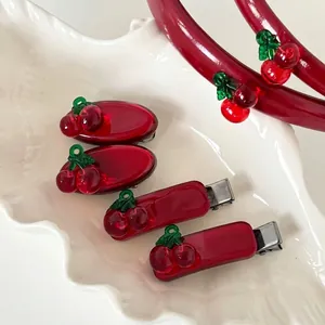Korean Style Sweet Red Cherry Hair Accessories For Women Fabric Hairband And Ice Transparent Duckbill Hair Clip Daily Headwear