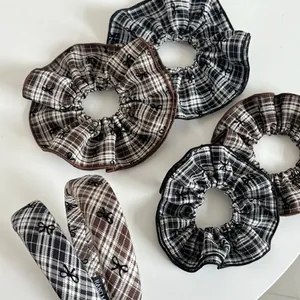 Preppy Plaid Scrunchie And Headband Black White Houndstooth Striped Hair Accessories With Bow Embroidery For Women Girls