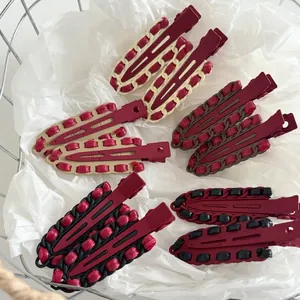 10-piece vintage burgundy leather wrapped hair clips set with braided rope detail