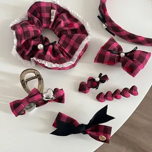 Rose Red Plaid Bowknot Hair Accessories Set Women Girls Sweet Plaid Heart Artificial Pearl Fabric Hair Clip Headband Hair Tie