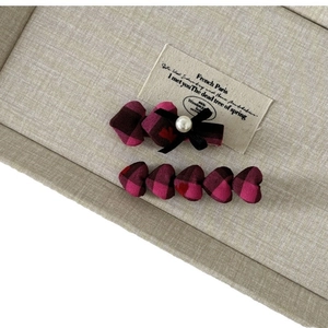Sweet pink plaid bow hair clips set with heart pattern and pearls for women