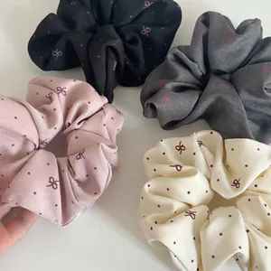 Minimalist polka dot bow scrunchie set in black, grey, pink and beige fabric