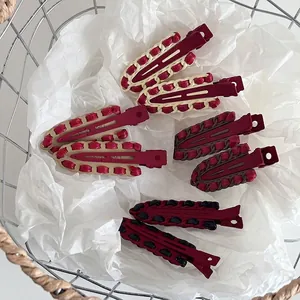 Vintage Burgundy Braided Leather Alloy Hair Clips For Women Elegant French Style Duckbill Fringe Side Clips Christmas Hair Accessories