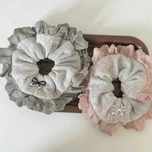 Large Lace Scrunchie With Bow Faux Artificial Pearl Sweet Knitted Chiffon Hair Rope Elegant Forest Style Hair Accessories For Women
