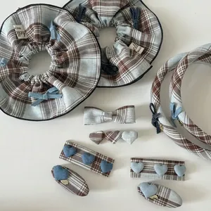 Vintage Plaid Heart Bow Hair Clips Fabric Headband Checked Scrunchies Fashion Hair Accessories For Women Girls