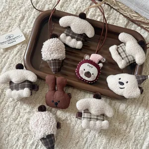 Handmade plush bear and rabbit hair clips with vintage brown plaid necklaces set