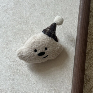 Handmade cloud plush hair clip with a stylish brown checkered party hat for girls