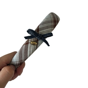 Blue plaid headband with denim bow and golden love metal plate for women hair styling