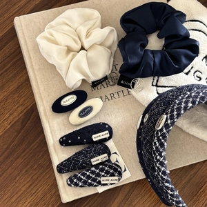 French style hair accessory set with navy tweed headbands and satin scrunchies
