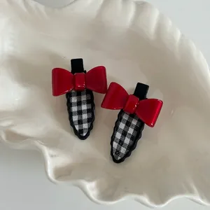 Pinces à Cheveux Nœud Rouge Plaid en Acétate pour Femmes Filles Noir et Blanc Clip Bec de Canard Accessoires Cheveux