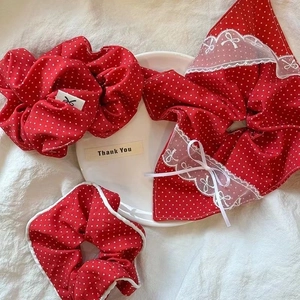 Chouchou Vintage Français à Pois Rouges en Tissu Coton Satin Avec Nœud en Dentelle Accessoire Cheveux Noël Nouvel An Femme