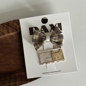 Détails d'un lot de barrette à nœud écossais marron et pince à cheveux chat rose pour filles