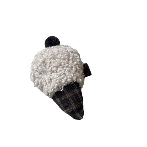 Handmade plush ice cream necklace and hair clip for girls with beige lamb wool and brown grid