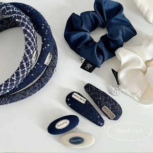 French Niche Blue Tweed Hair Clip Set Satin Scrunchie Elegant Hairband Star Duckbill Clip For Women Fashion Hair Accessories